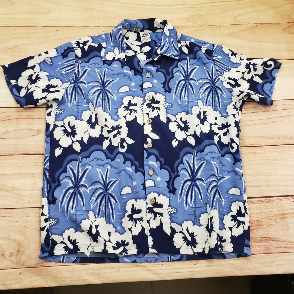 VINTAGE Kennington Hawaiian Shirt Mens Large Blue Palm Floral Button‎ Up Camp
